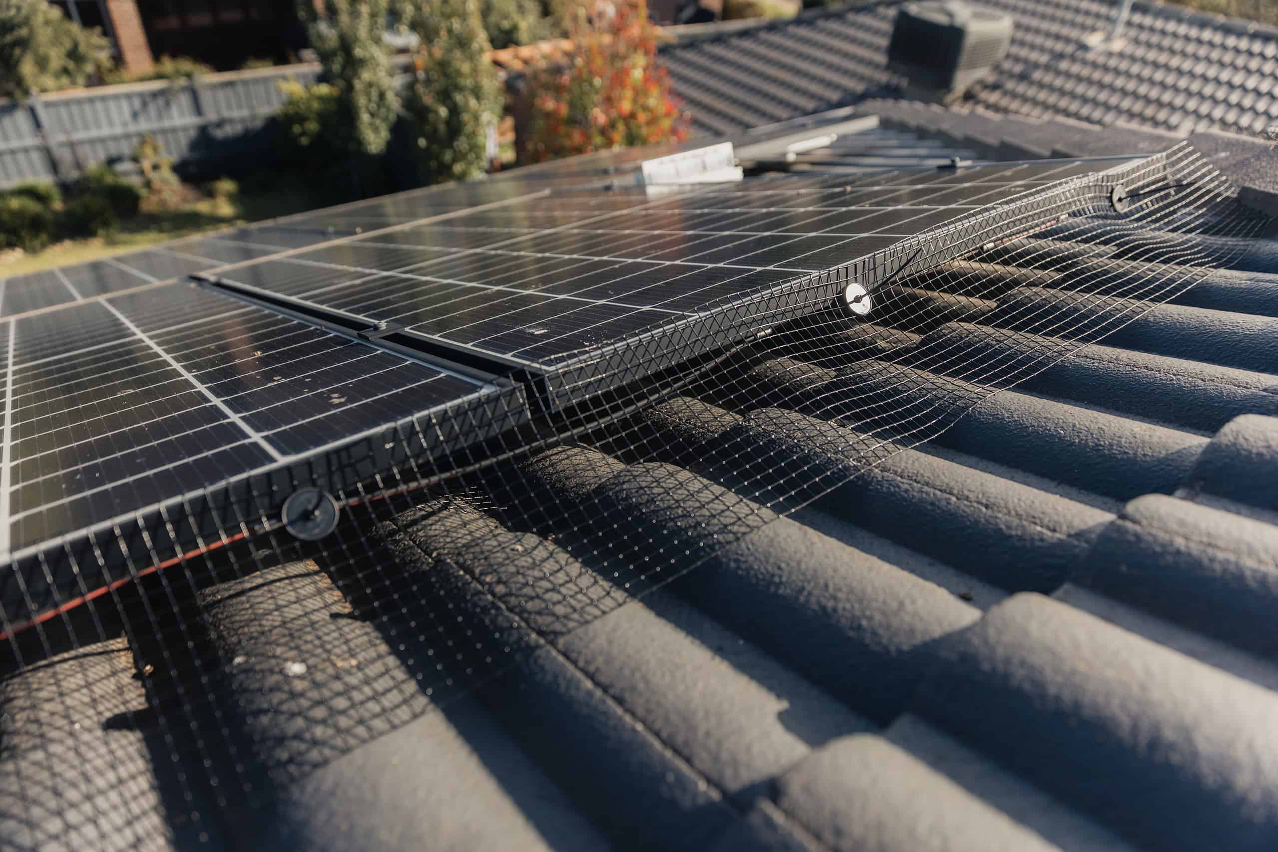 Solar panels on a roof with surrounding solar mesh gutter guards, preventing birds from nesting underneath while ensuring solar efficiency